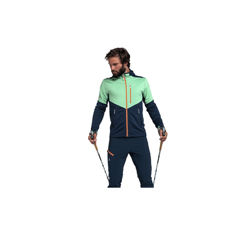 Schöffel Fleecejacka Hydalen z kapturem (oddychająca, szybko schnąca, 2-kierunkowy stretch) granatowo/zielona miętowa męska